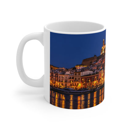 Night Harbor Cityscape Mug — Coastal Italy Evening Panorama Ceramic Coffee Cup (11oz, 15oz)