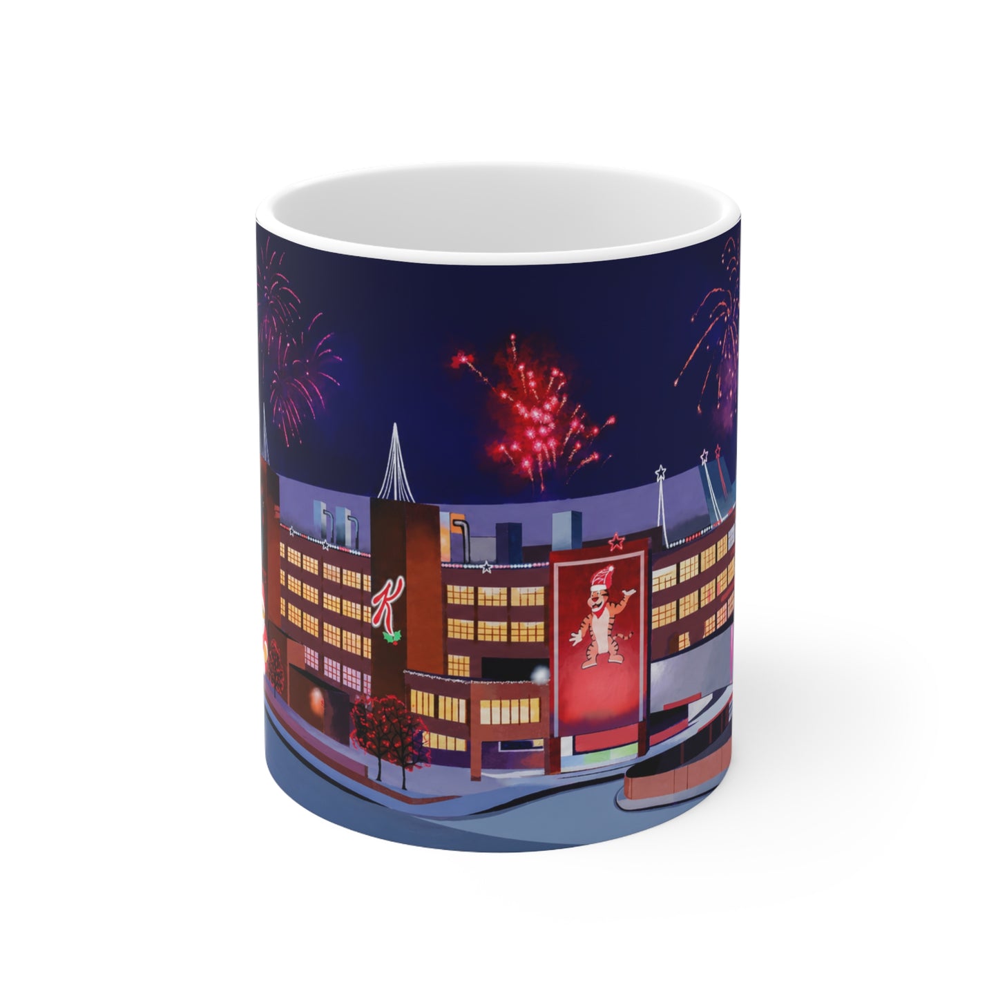 Kelloggs Trafford Park Mug — Festive Holiday Town Nightscape Ceramic Coffee Cup (11oz/15oz)