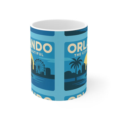 Orlando Retro Blue Skyline Mug — 'Orlando The City Beautiful' Ceramic Coffee Cup (11oz & 15oz)
