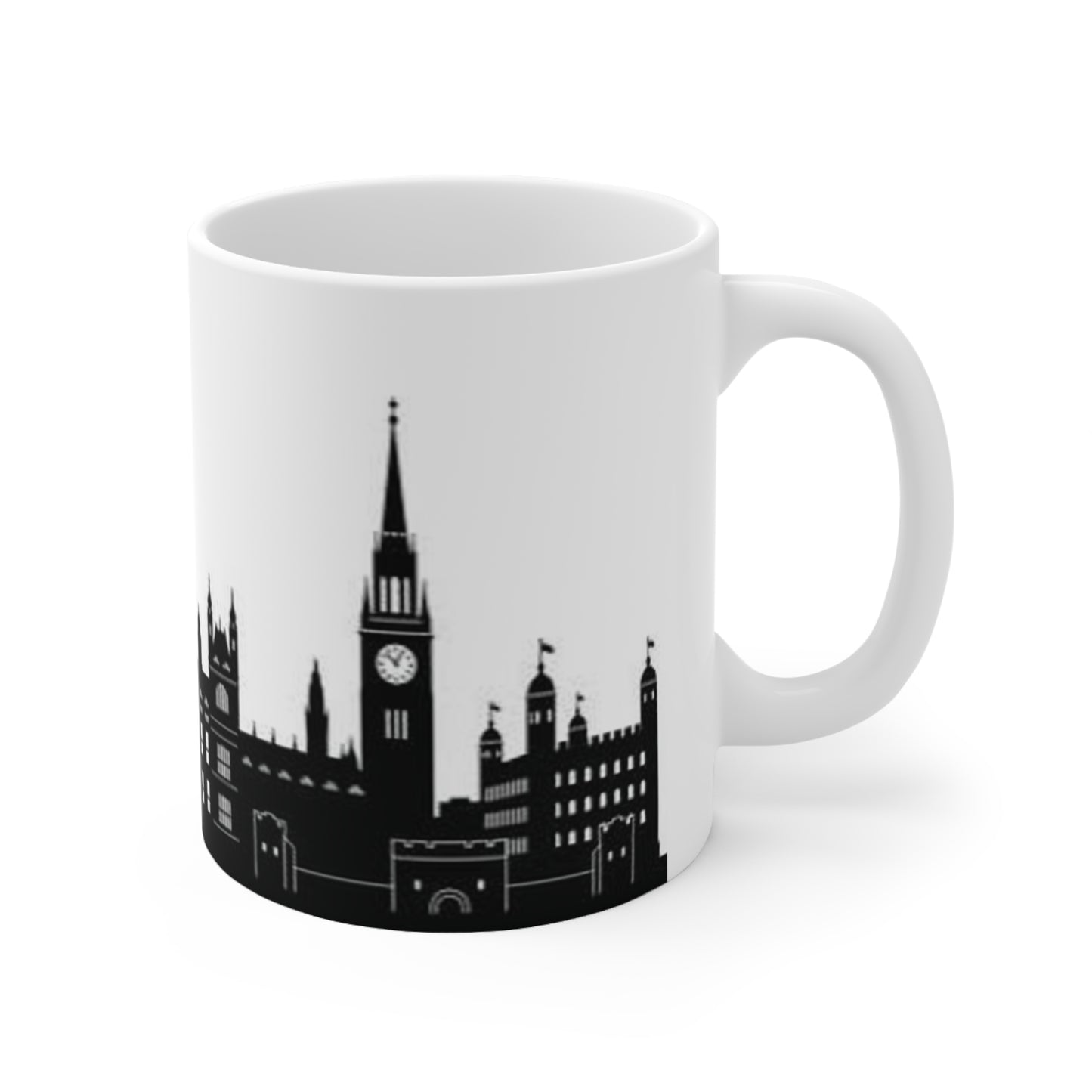 London Skyline Coffee Mug — Black & White Big Ben, London Eye Ceramic Mug (11oz & 15oz)