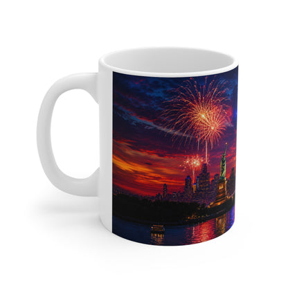 New York City Fireworks Skyline Ceramic Mug — Statue of Liberty 4th of July Coffee Cup (11oz & 15oz)