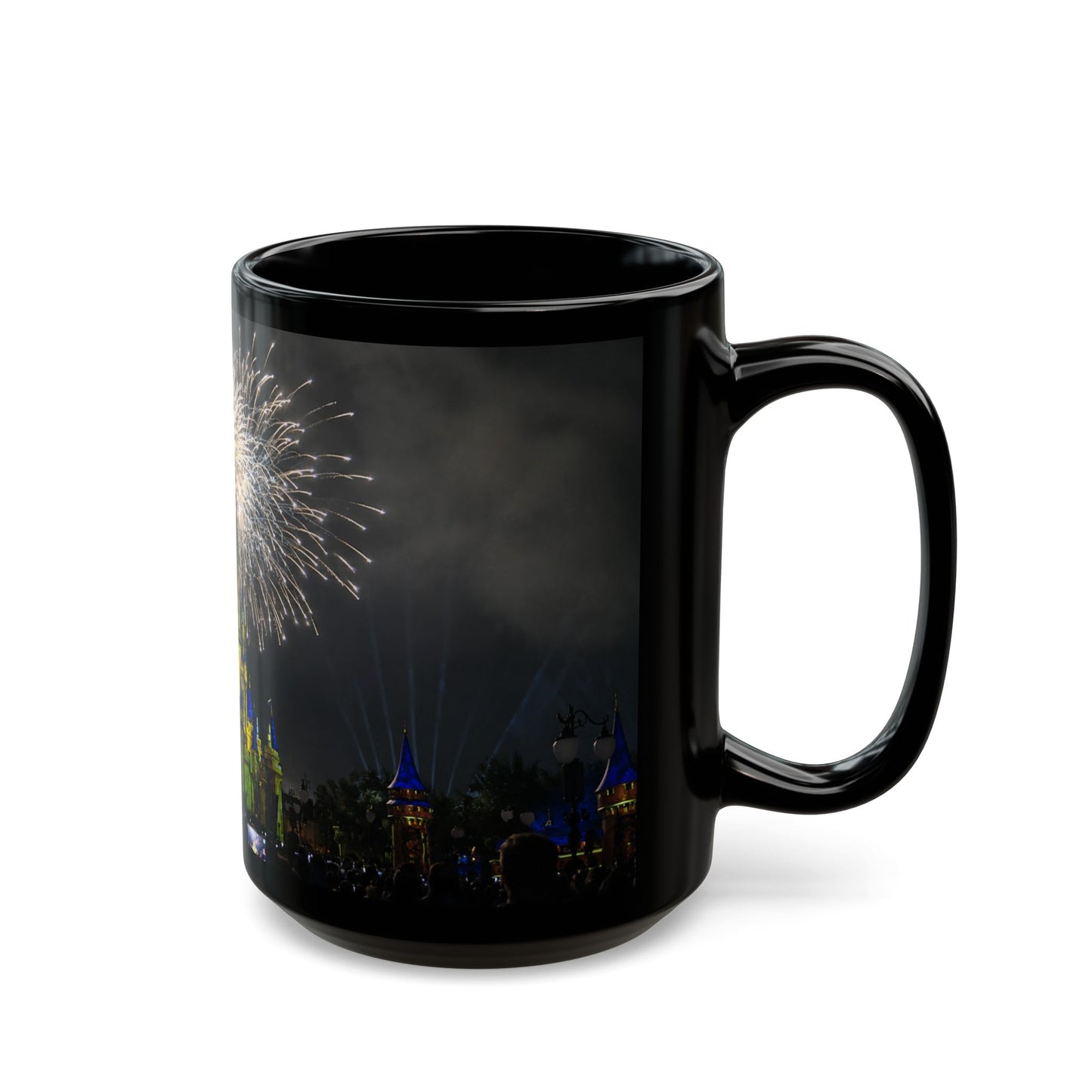 Fireworks MK Castle Black Mug — Nighttime Theme Park Coffee Cup (11oz/15oz)