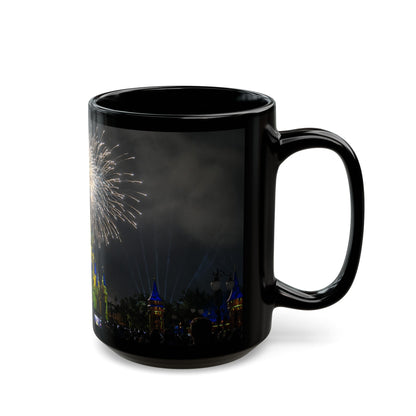 Fireworks MK Castle Black Mug — Nighttime Theme Park Coffee Cup (11oz/15oz)