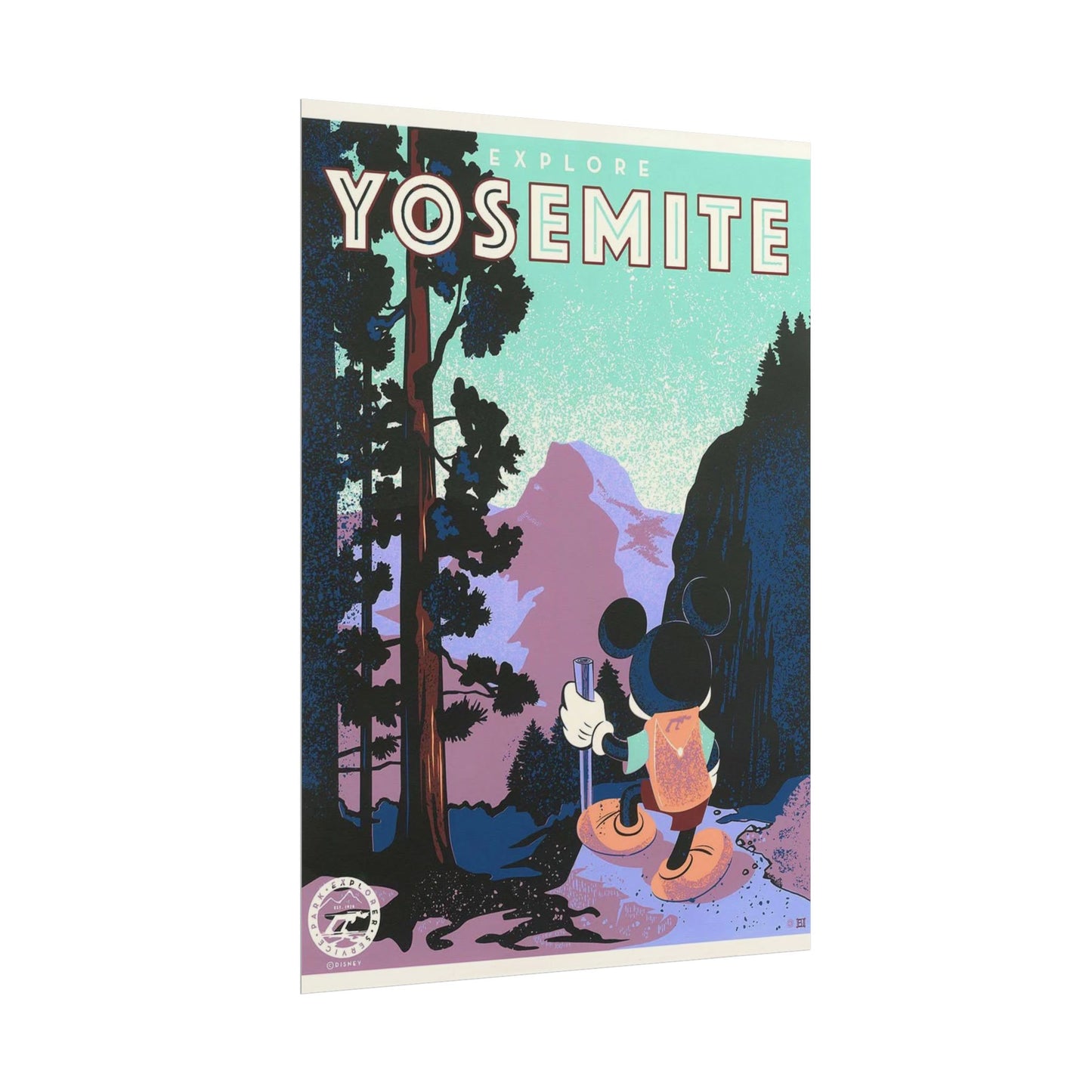 Yosemite Vintage Travel Poster — Mickey Mouse Hiking Rolled Poster