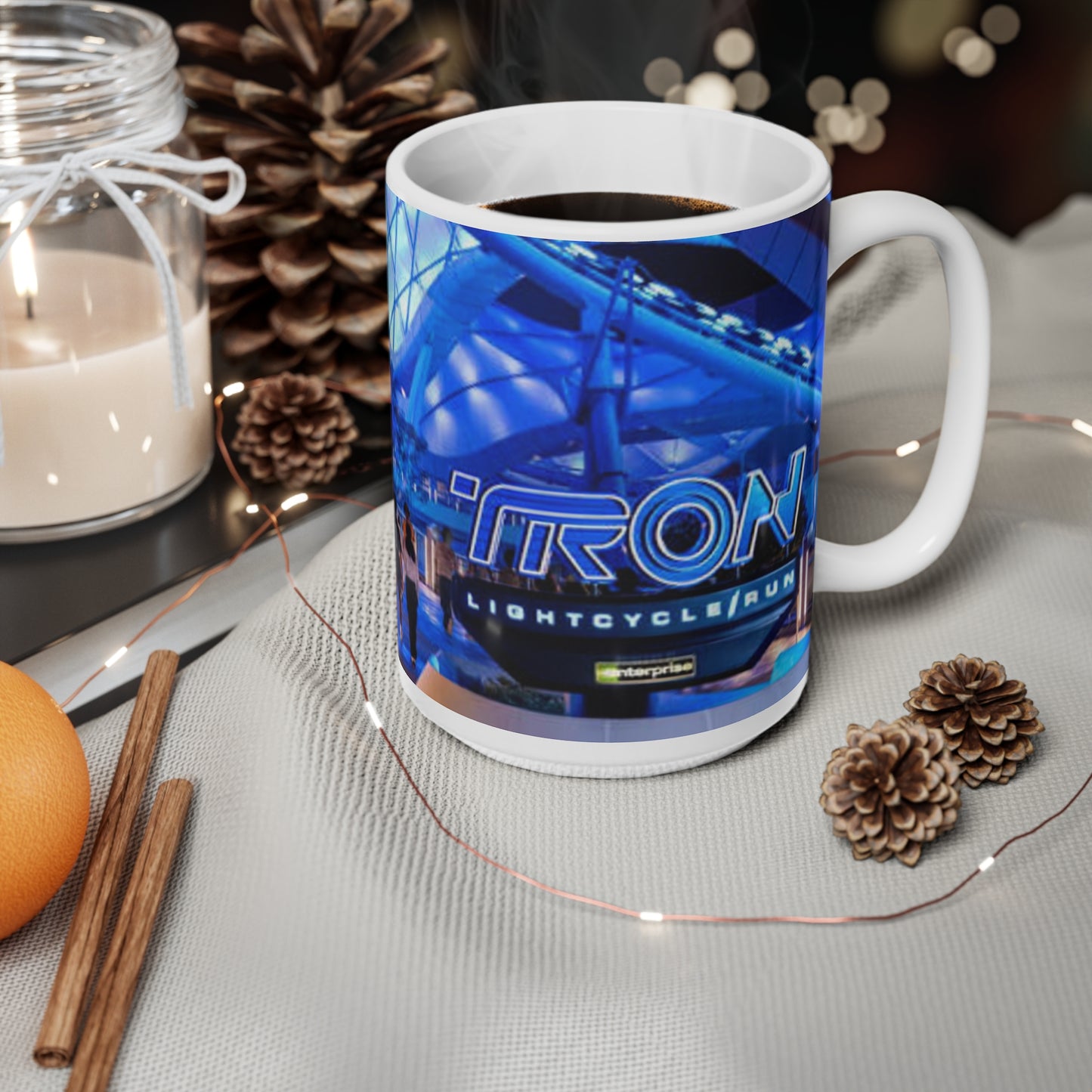 Blue Neon Cityscape Mug — Vibrant Nighttime Urban Photography Ceramic Coffee Cup (11oz & 15oz)