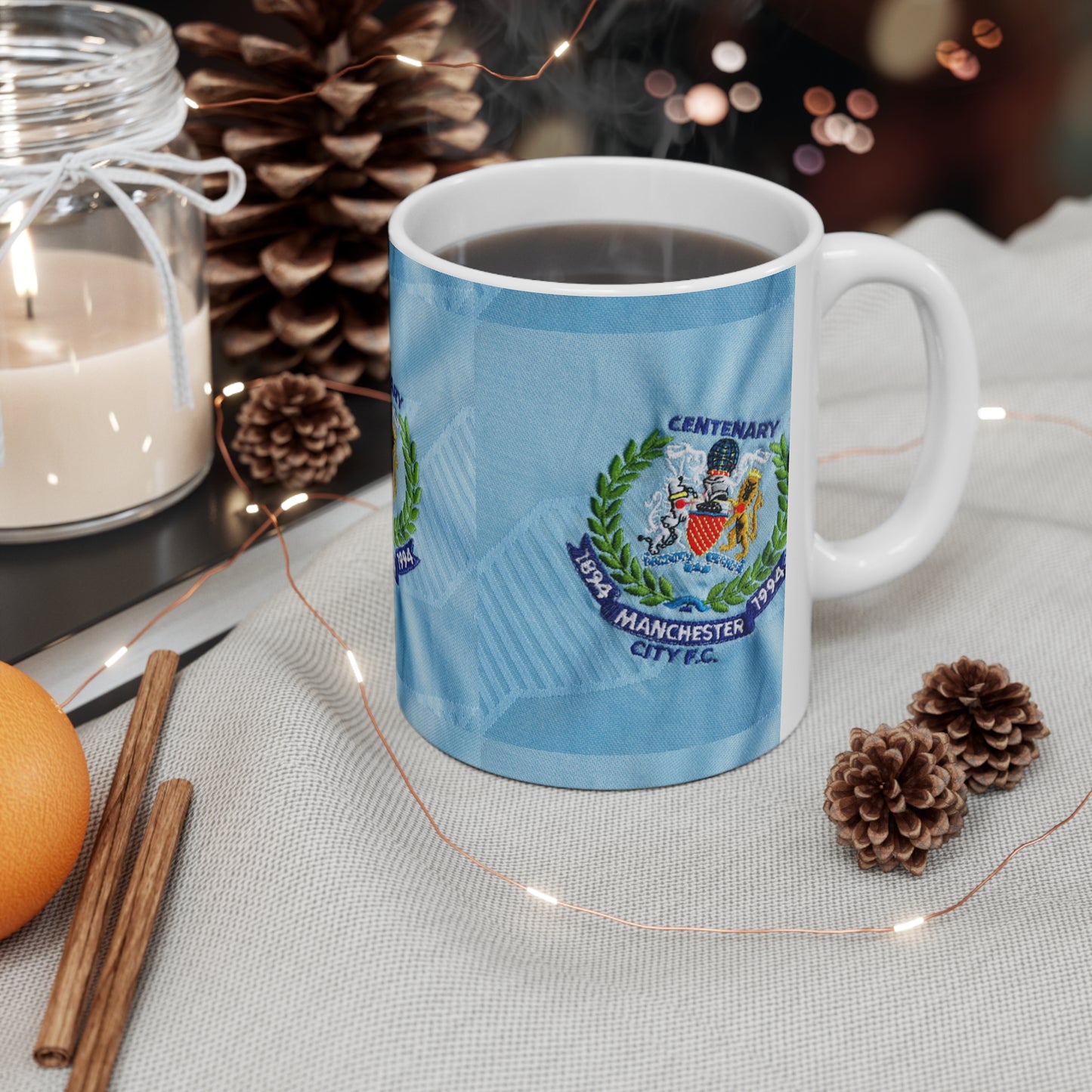 Manchester City Retro Crest Ceramic Mug — Centenary 1994 Sky Blue Coffee Cup (11oz/15oz)