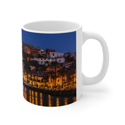 Night Harbor Cityscape Mug — Coastal Italy Evening Panorama Ceramic Coffee Cup (11oz, 15oz)