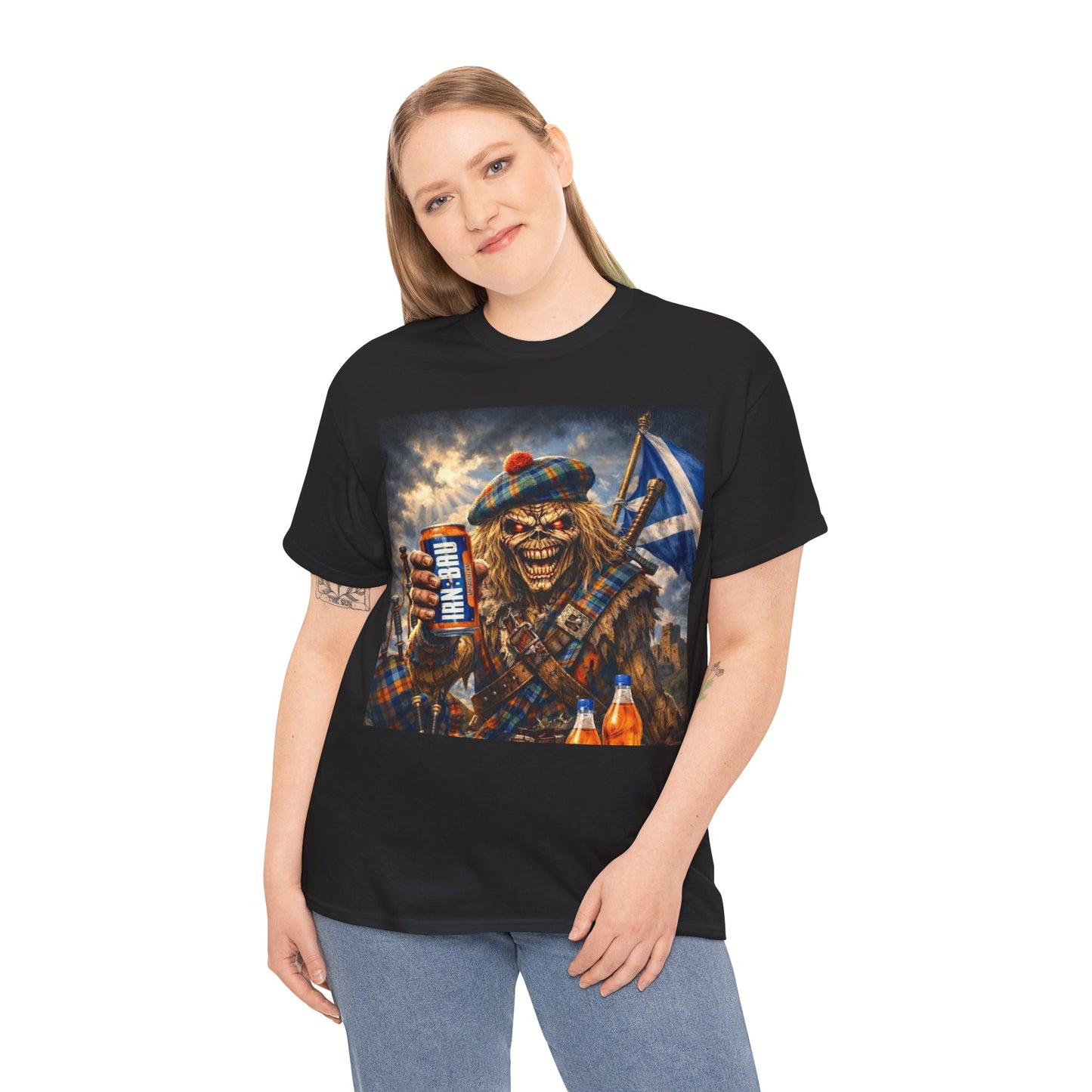 Scottish Rock Skull T‑Shirt — Eddie the Piper with Flag & Can Graphic Tee