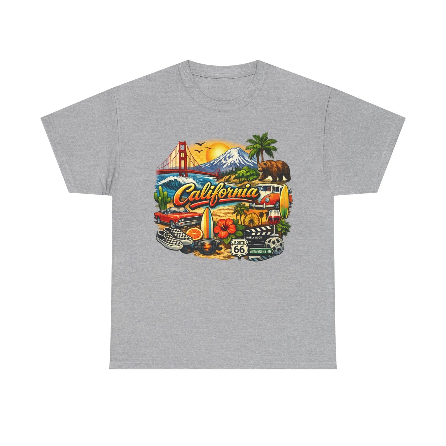 California Vintage Travel T-Shirt — Golden Gate, Palm Trees & Route 66 Tee