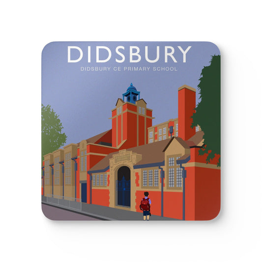 Elm Grove Didsbury C of E Primary School Landmark Cork Coaster Set — Vintage School Building Illustration