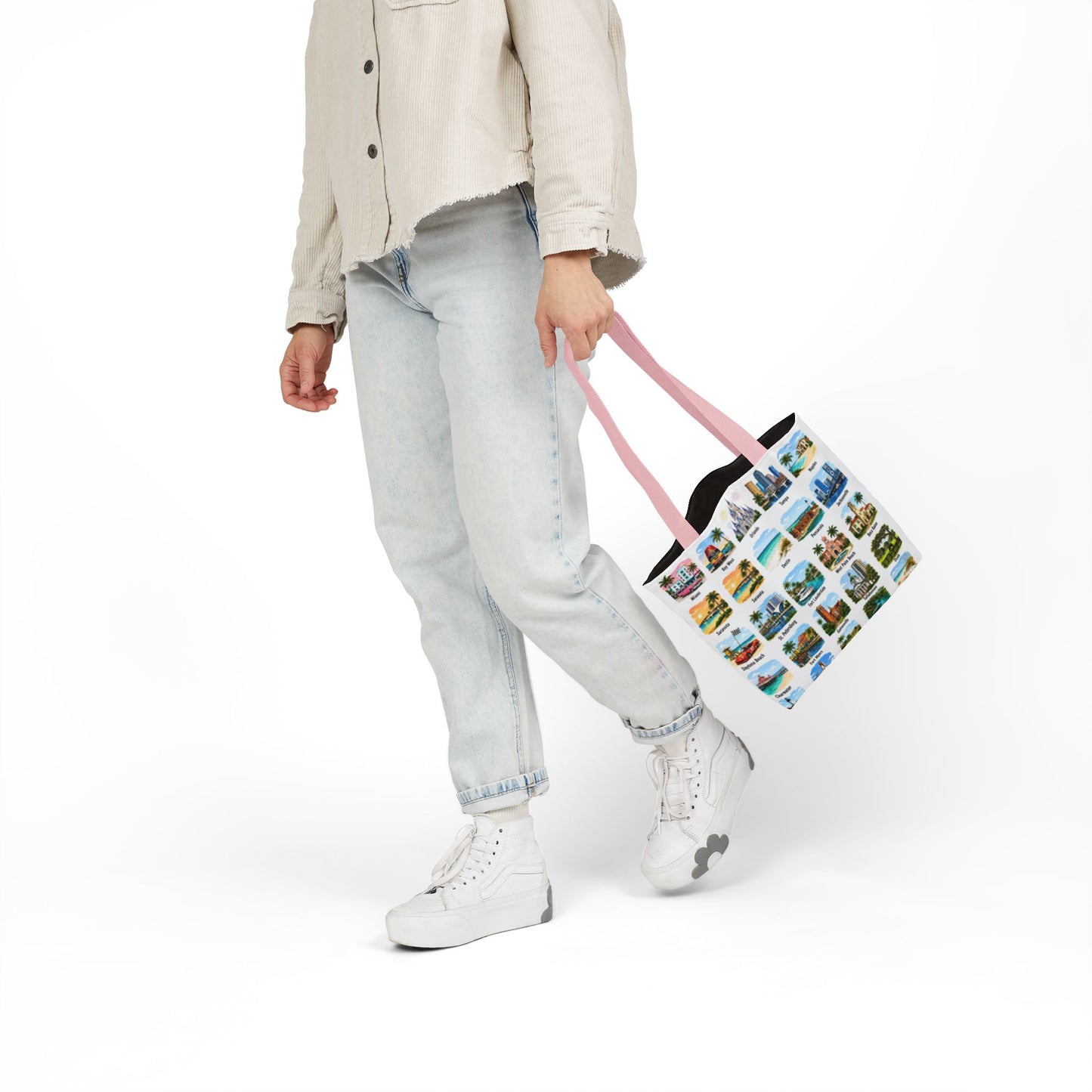 Florida City Landmark Collage Canvas Tote Bag — Vintage Travel Icons Print