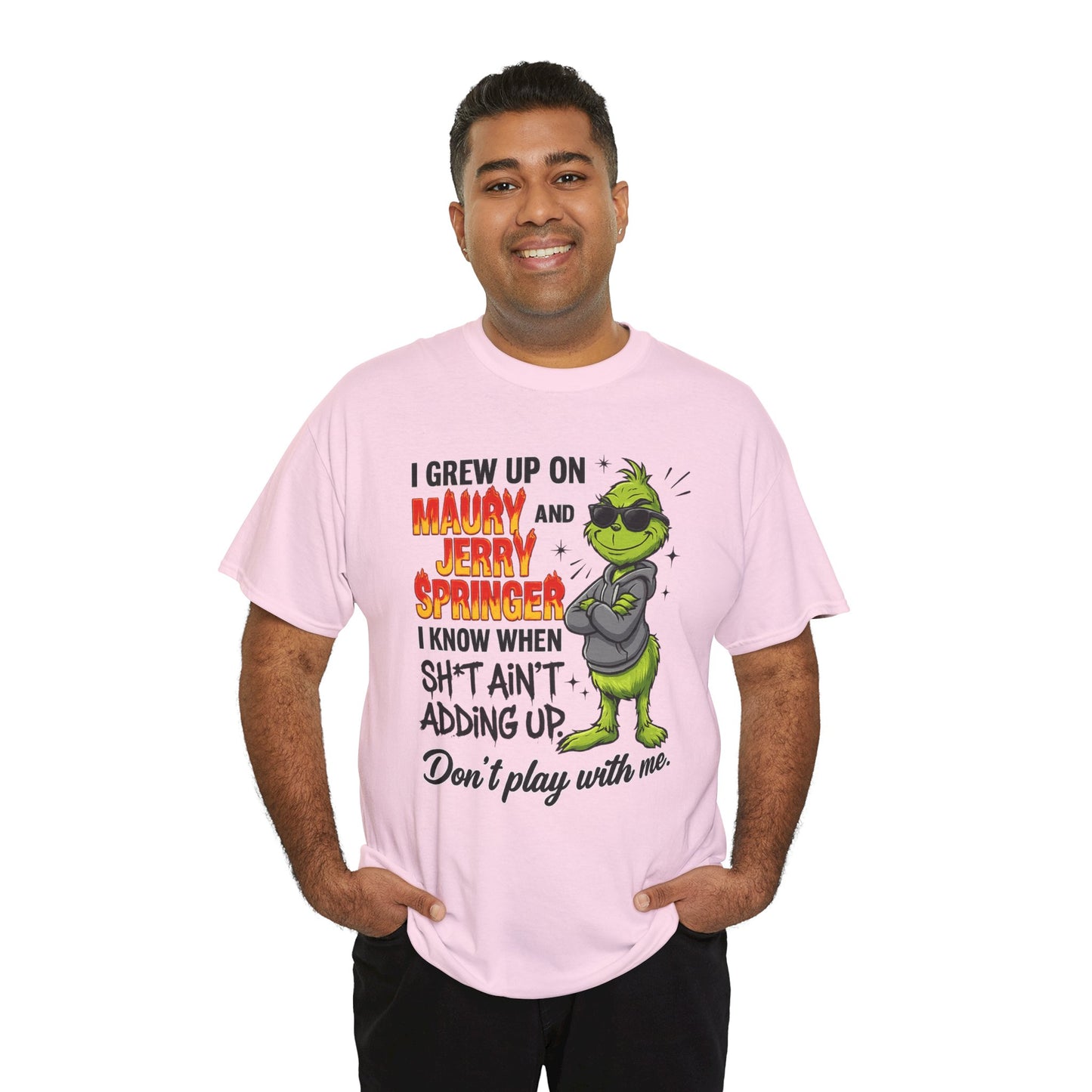Grinch Cartoon Tee — "I Grew Up on Maury and Jerry Springer" Funny Holiday Shirt