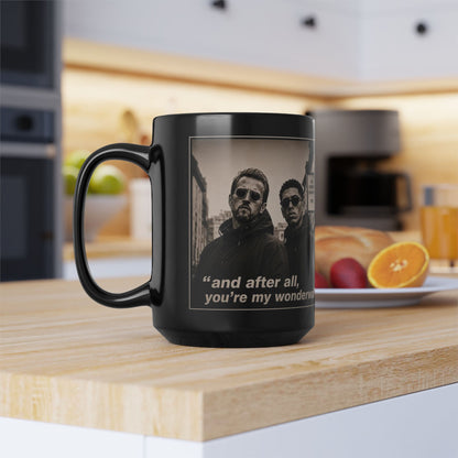Kane and Bellingham Lyric Photo Black Mug — “and after all, you’re my wonderwall” Band Tribute Coffee Cup