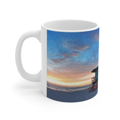 Sunset Beach Lifeguard Tower Ceramic Mug – Coastal Sunrise Coffee Cup (11oz/15oz)