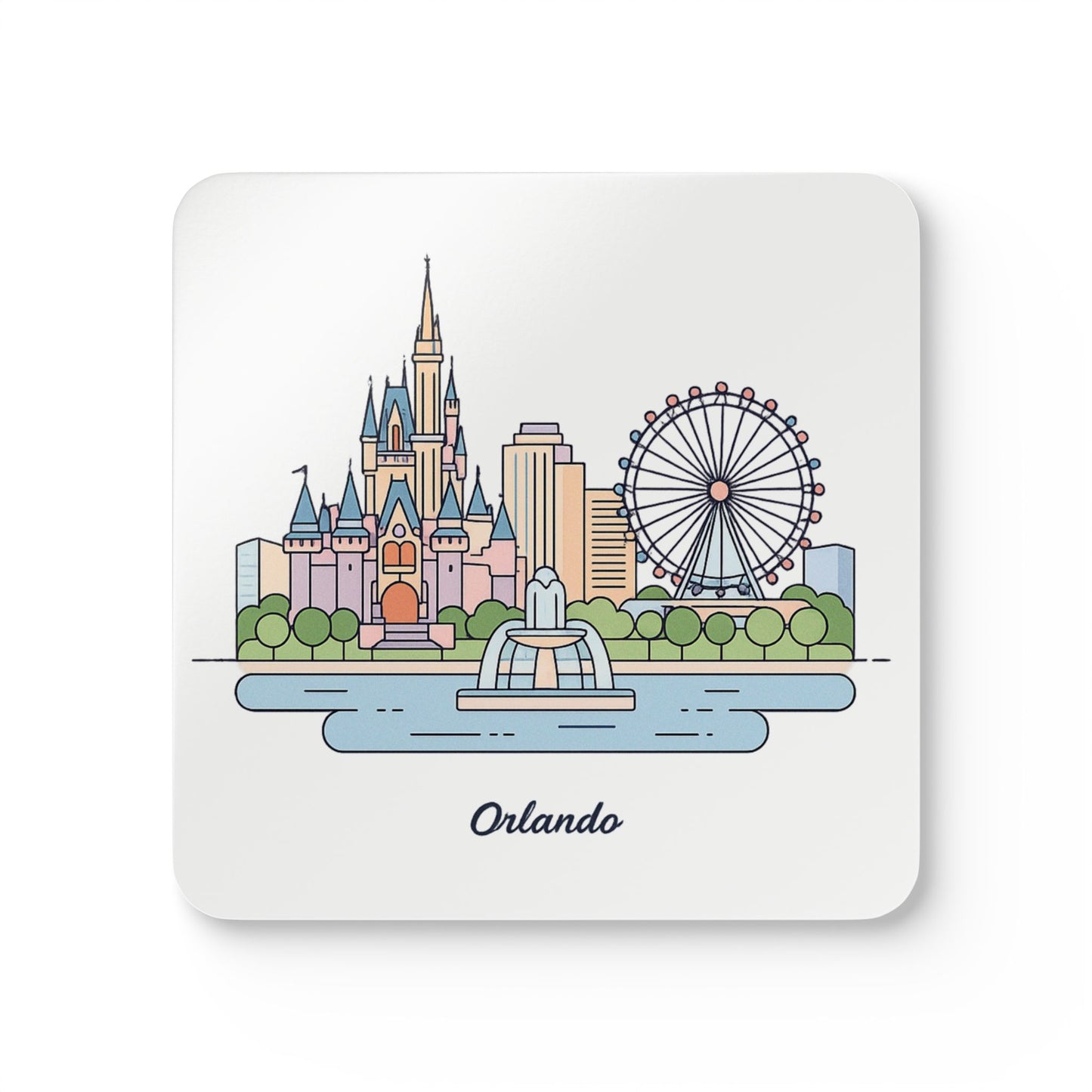 Orlando Skyline Cork Coaster Set – Illustrated Cityscape Drink Coasters (4-Pack)