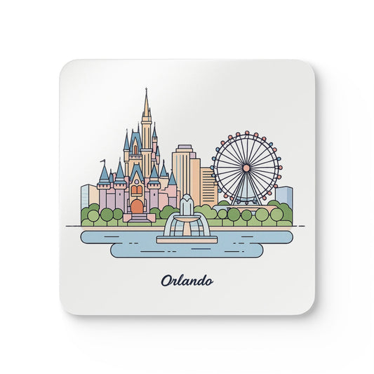 Orlando Skyline Cork Coaster Set – Illustrated Cityscape Drink Coasters (4-Pack)