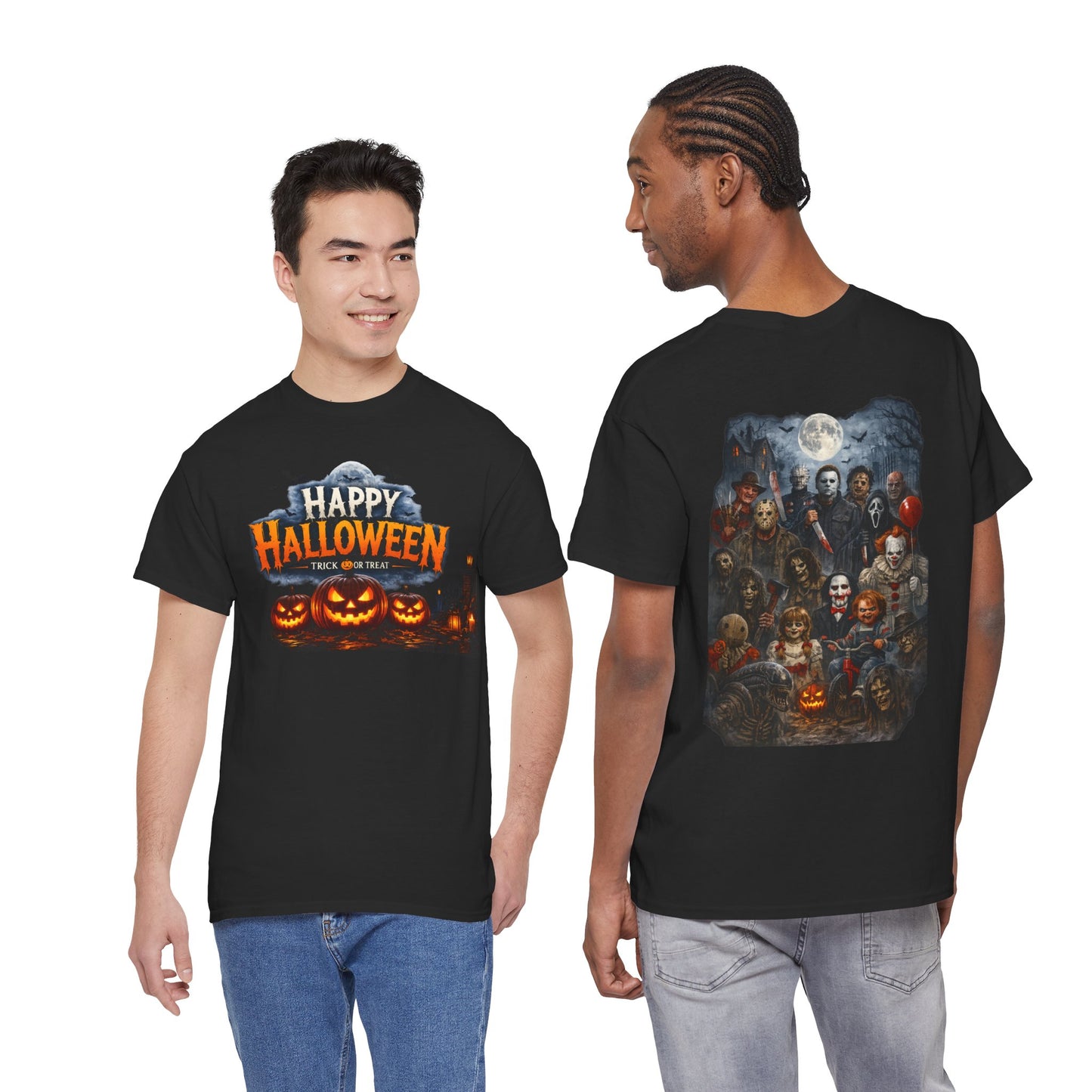 Halloween Horror Movie Characters T-Shirt — "Happy Halloween" Pumpkin & Slasher Collage Tee