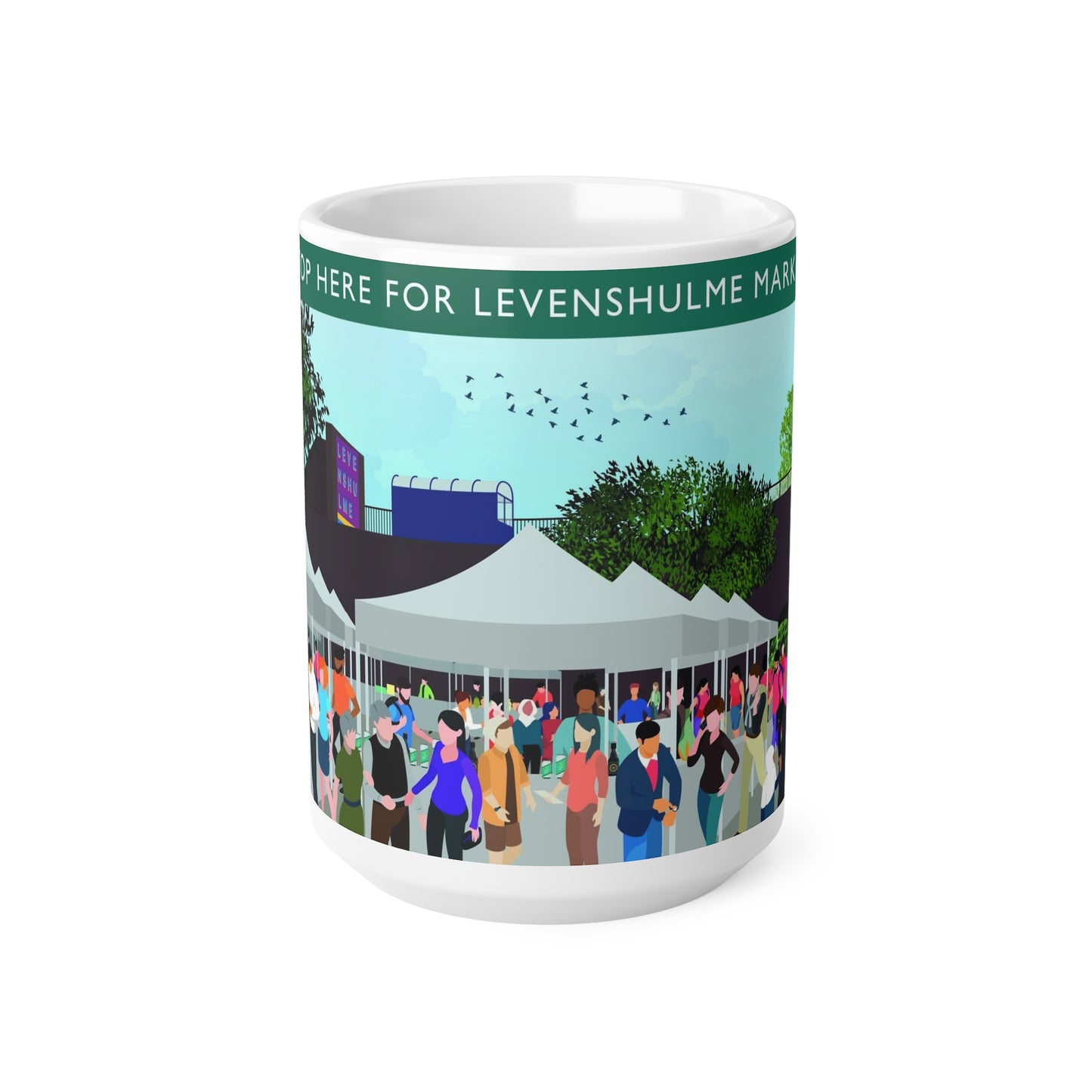 Levenshulme Market Ceramic Coffee Mug – 11oz & 15oz Illustrated Market Scene
