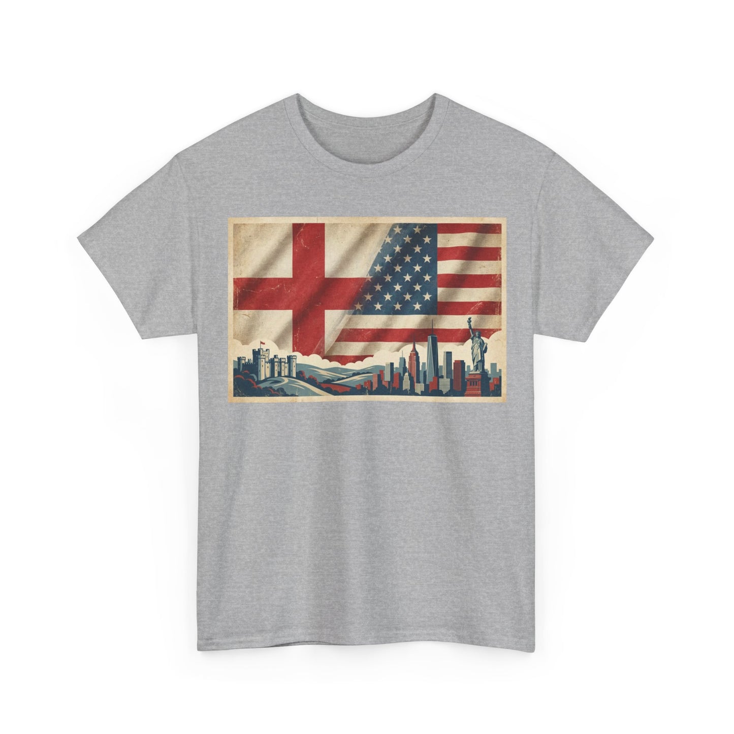 England + USA Flag Skyline T-Shirt — Vintage London & New York City Pride Tee