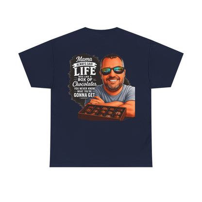 T-Shirt — "Mama Always Said Life Is Like A Box Of Chocolates" Graphic Tee (Funny Retro Portrait)