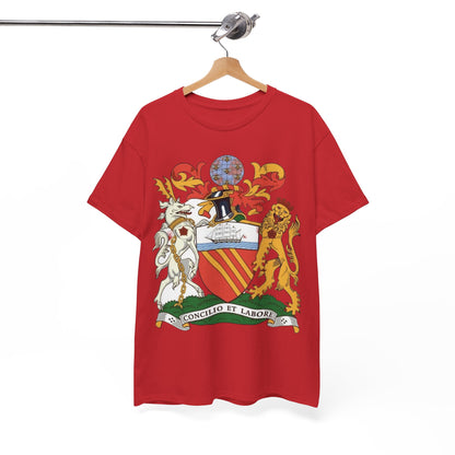Manchester Coat of Arms Crest T‑Shirt — Heraldic Family Shield Tee with 'Concilio et Labore' Banner