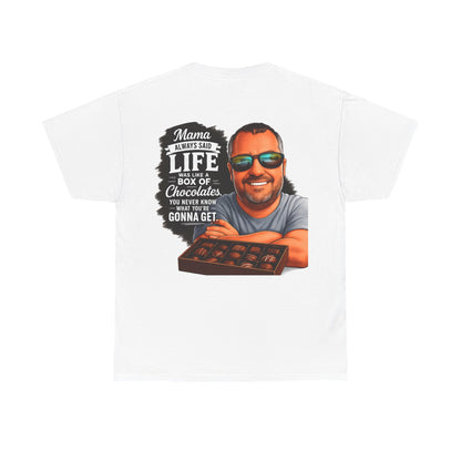 T-Shirt — "Mama Always Said Life Is Like A Box Of Chocolates" Graphic Tee (Funny Retro Portrait)