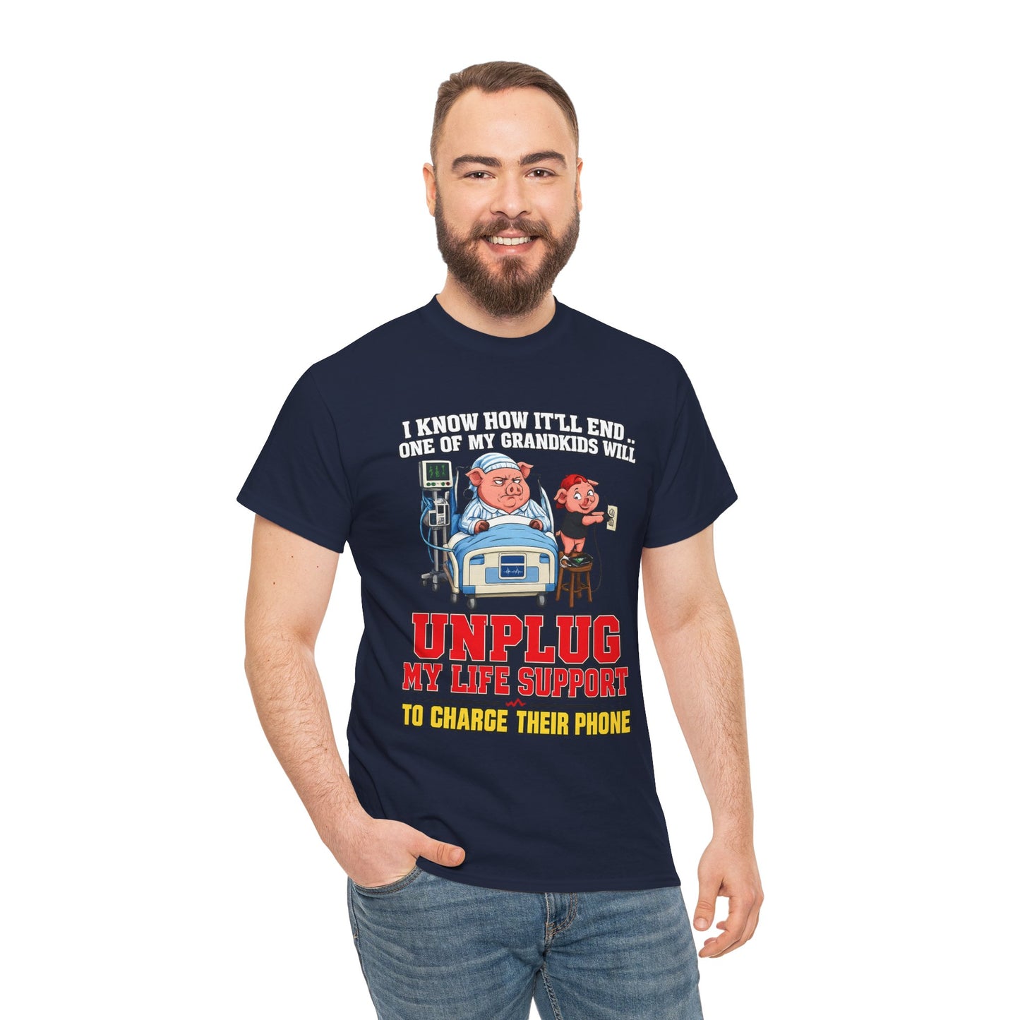 Funny Grandpa T-Shirt - "Unplug My Life Support to Charge Their Phone" Grandpa Humor Tee