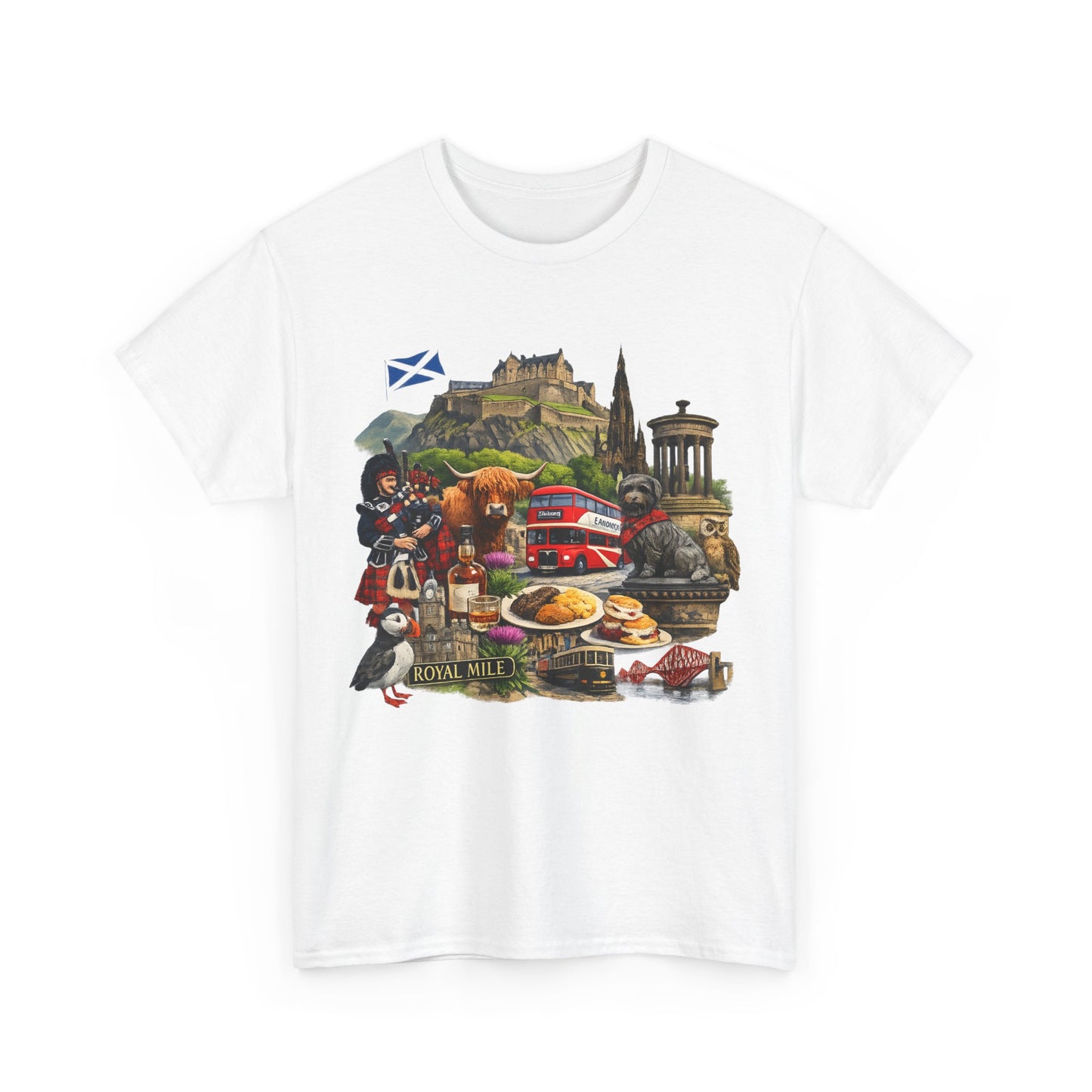 Scotland / Edinburgh Travel Collage T-Shirt — Edinburgh Castle, Bagpipes & Local Icons