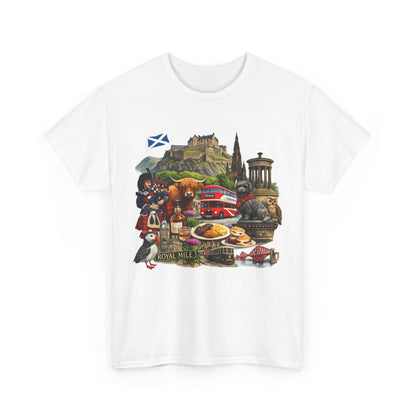 Scotland / Edinburgh Travel Collage T-Shirt — Edinburgh Castle, Bagpipes & Local Icons