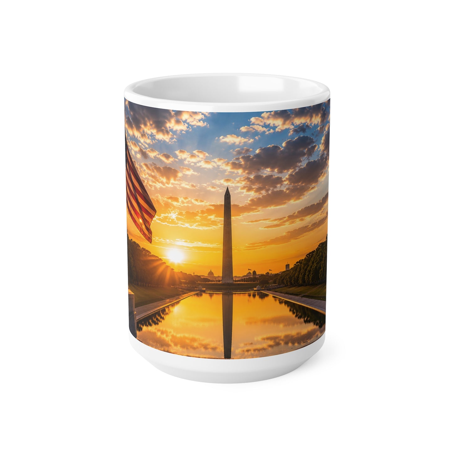 American Flag Washington Monument Sunrise Mug – Patriotic Ceramic Coffee Cup (11oz, 15oz)