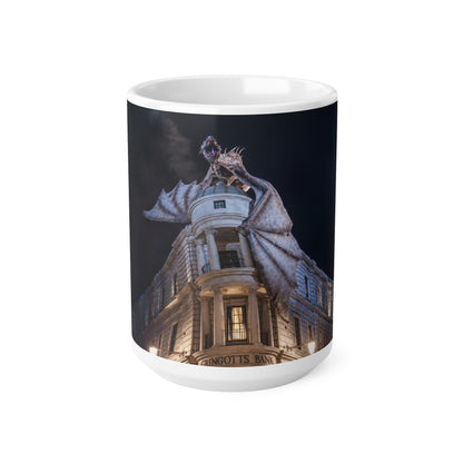 Dragon Perched on Rooftop Ceramic Coffee Mug — Gothic Night Fantasy 11oz/15oz
