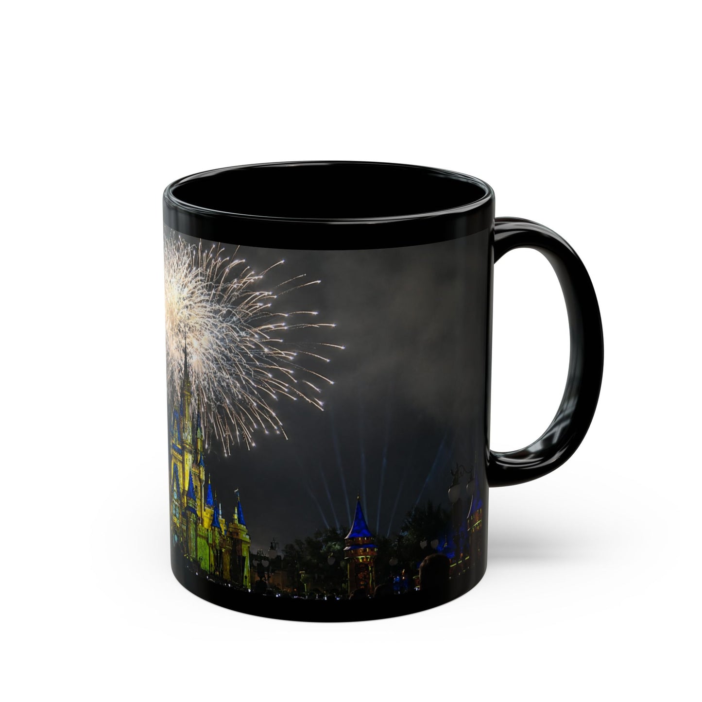Fireworks MK Castle Black Mug — Nighttime Theme Park Coffee Cup (11oz/15oz)
