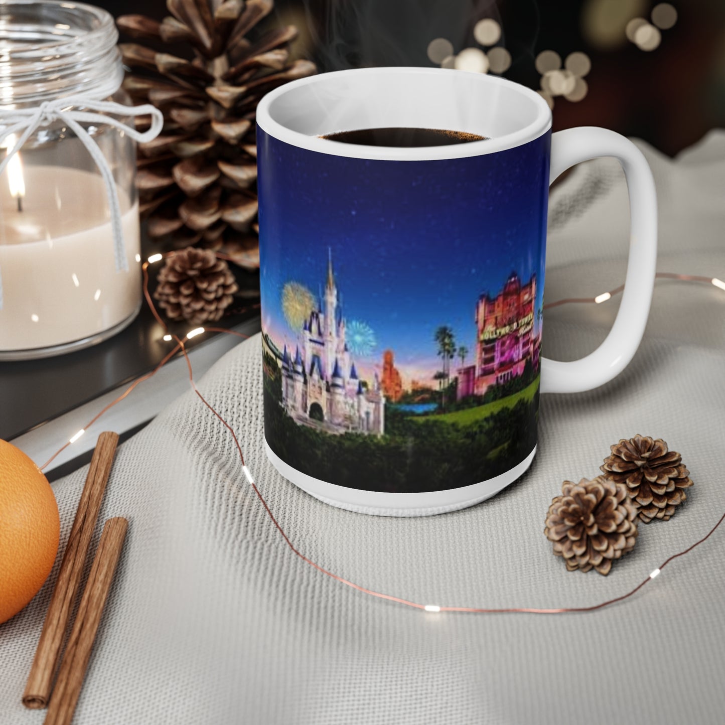 Disney Parks Night Skyline Ceramic Mug — Castle & Epcot Sphere Coffee Cup (11oz/15oz)