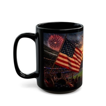 World Cup 2026 Patriotic Stadium Fireworks Black Mug — American Flag Football Game Coffee Cup (11oz/15oz)