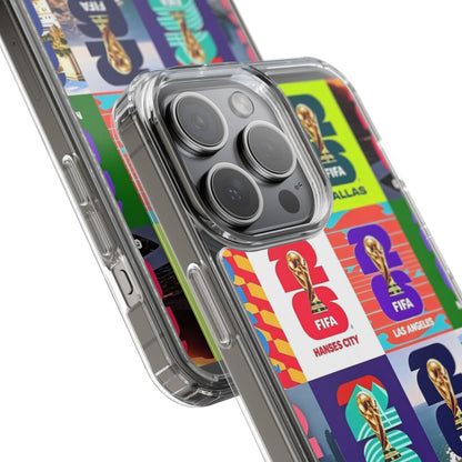 FIFA World Cup Pop Art Clear Phone Case — City Badge Collage (Dallas, LA, Monterrey, Toronto, Seattle)