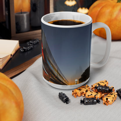 WDW Monorail Nightscape Ceramic Mug — Modern Curved Building Photo (11oz & 15oz)