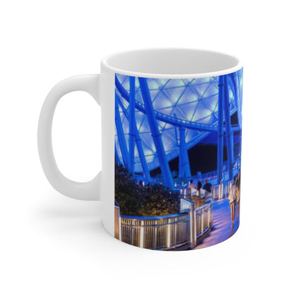 Blue Neon Cityscape Mug — Vibrant Nighttime Urban Photography Ceramic Coffee Cup (11oz & 15oz)