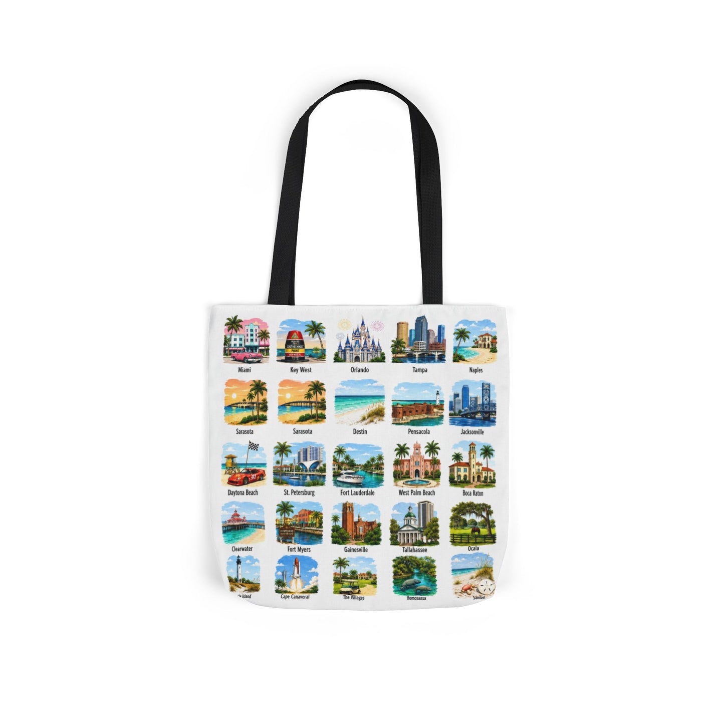 Florida City Landmark Collage Canvas Tote Bag — Vintage Travel Icons Print