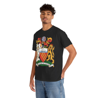Manchester Coat of Arms Crest T‑Shirt — Heraldic Family Shield Tee with 'Concilio et Labore' Banner