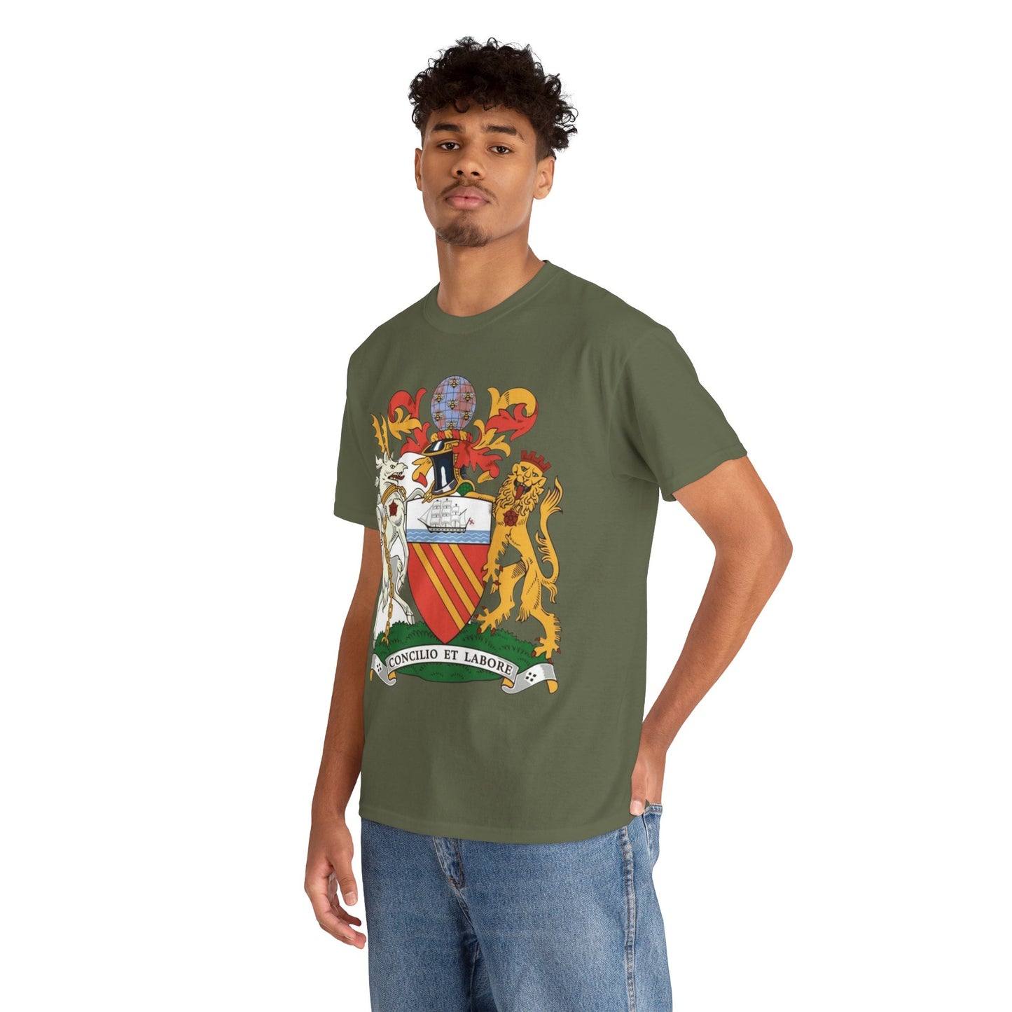 Manchester Coat of Arms Crest T‑Shirt — Heraldic Family Shield Tee with 'Concilio et Labore' Banner