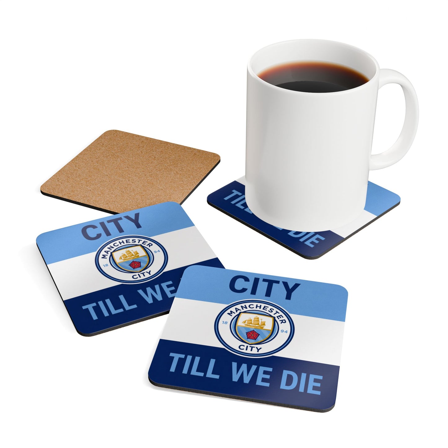 Manchester City Unofficial Corkwood Coaster Set — 'City Till We Die' Football Fan Drink Coasters