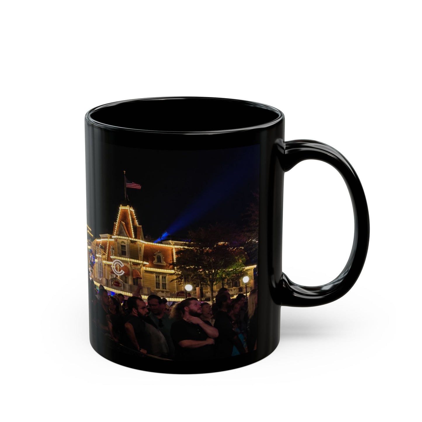 Magic Kingdom Nighttime Theme Park Lights Mug — Scenic Black Coffee Cup