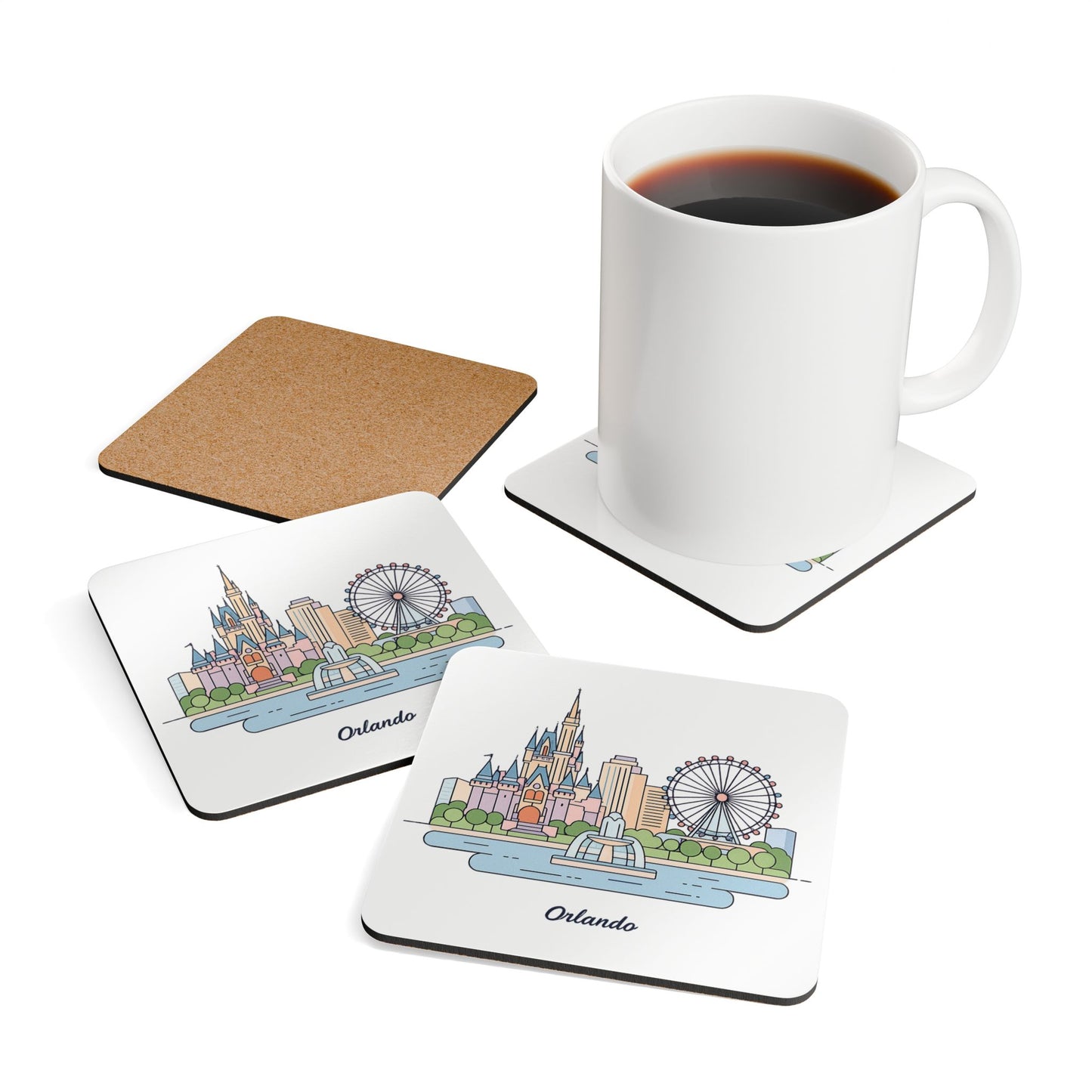 Orlando Skyline Cork Coaster Set – Illustrated Cityscape Drink Coasters (4-Pack)