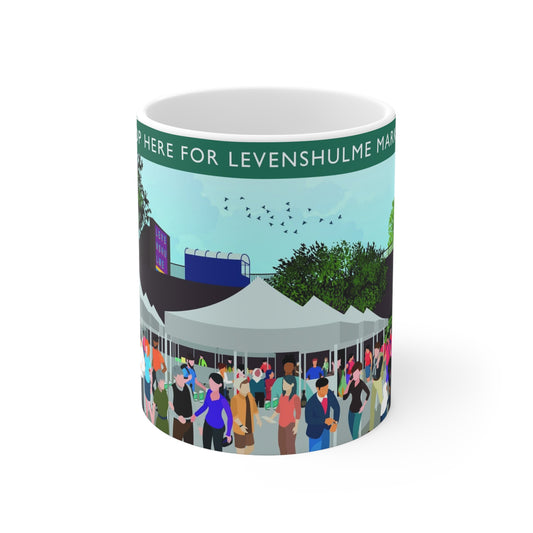 Levenshulme Market Ceramic Coffee Mug – 11oz & 15oz Illustrated Market Scene