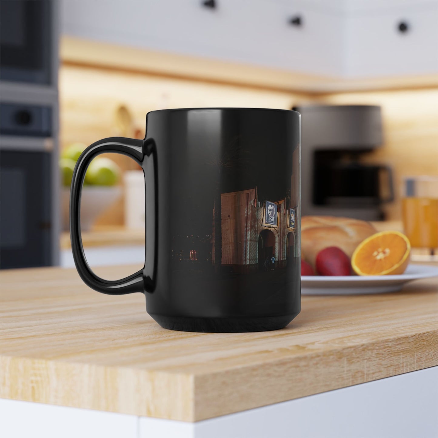 Universal HHN Black Ceramic Mug — Nighttime Theme Park Arch Photo (11oz & 15oz)