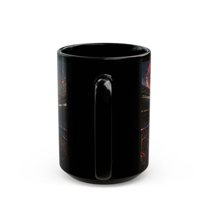 World Cup 2026 Patriotic Stadium Fireworks Black Mug — American Flag Football Game Coffee Cup (11oz/15oz)