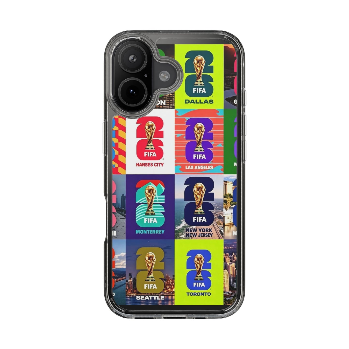 FIFA World Cup Pop Art Clear Phone Case — City Badge Collage (Dallas, LA, Monterrey, Toronto, Seattle)