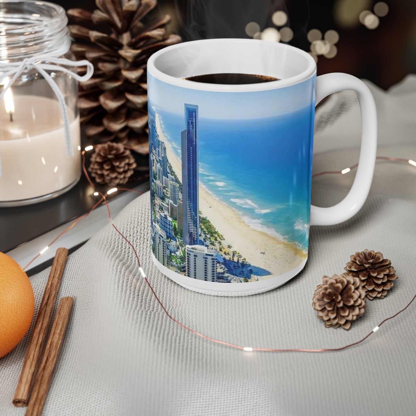 Coastal City Skyline Ceramic Coffee Mug — Aerial Beachfront Cityscape 11oz/15oz