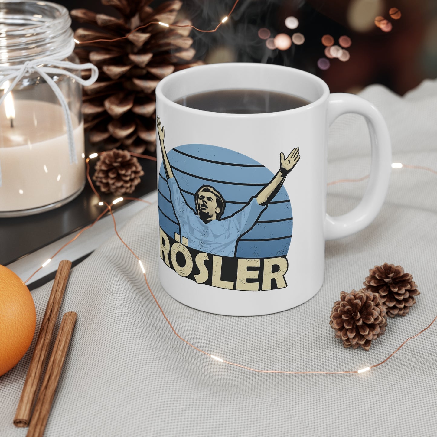 UWE Rösler Manchester City Retro Football Mug — Vintage Goal Celebration Ceramic Coffee Cup (11oz & 15oz)