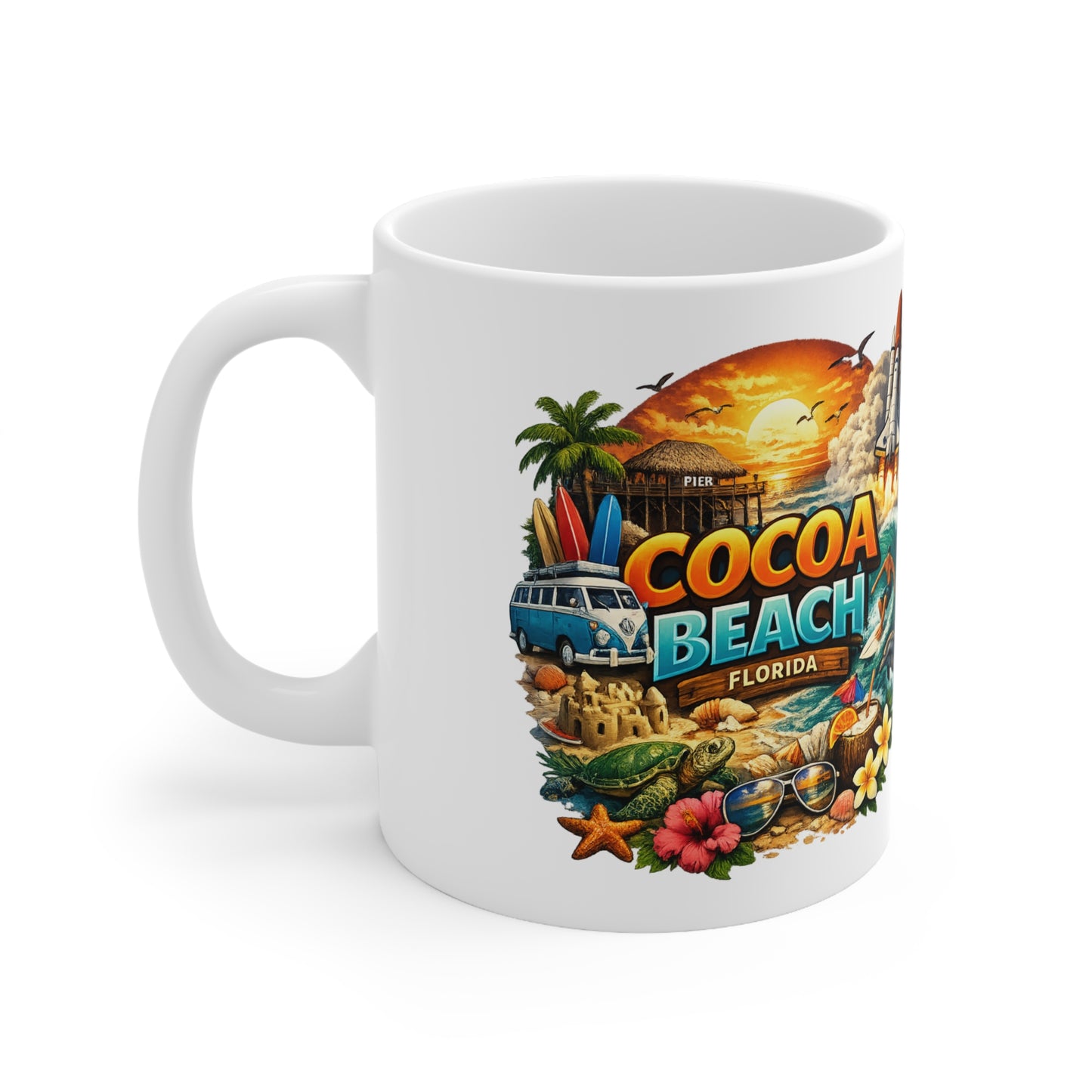 Cocoa Beach Florida Vintage Surf Mug – Retro Beach Scene Coffee Cup (11oz & 15oz)